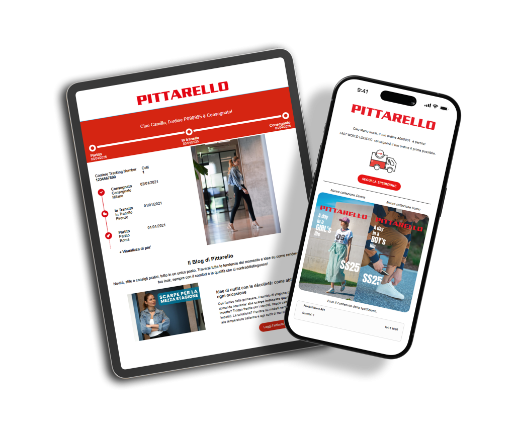 Página de tracking y emails de envío de Pittarello en tablet y smartphone