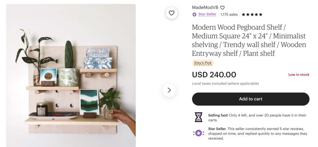Etsy product rating and availability