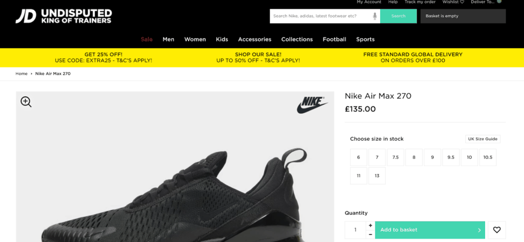 Free shipping in JD sports store