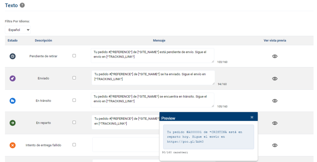 editor texto SMS sobre el tracking - plataforma Qapla' 