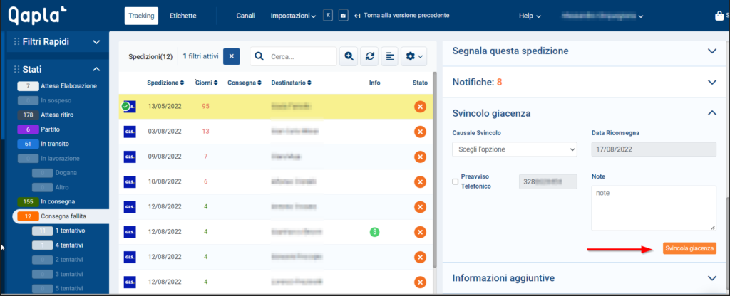 svincolo spedizioni in giacenza con Qapla'