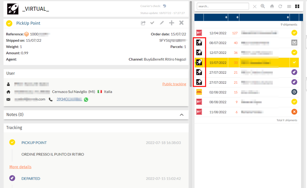 Dashboard Qapla' con corriere virtuale